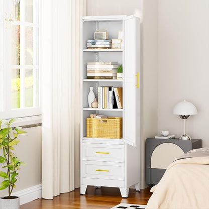 67" Tall Narrow Metal Storage Cabinet, Freestanding Pantry Organizer, White | Slim Bathroom Cabinets with 2 Drawers & 3 Adjustable Shelves, Multi-Use Cupboard for Kitchen Office Living＆ Dining Room