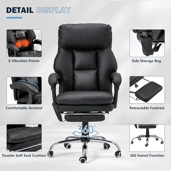 HOMREST Ergonomic Office Chair, PU Leather Black | 6-Point Massage & Heating, Adjustable Executive Desk Chair, Retractable Footrest, Dual-Layer Soft Cushion