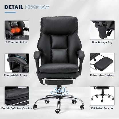 HOMREST Ergonomic Office Chair, PU Leather Black | 6-Point Massage & Heating, Adjustable Executive Desk Chair, Retractable Footrest, Dual-Layer Soft Cushion