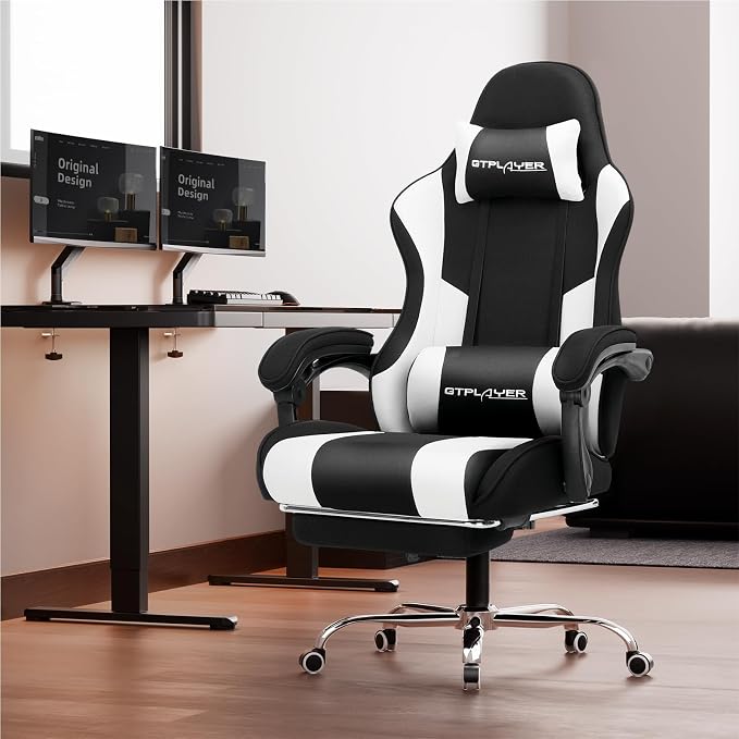 GTPLAYER Gaming Chair, Computer Chair with Footrest and Lumbar Support, Height Adjustable Game Chair with 360°-Swivel Seat and Headrest and for Office or Gaming (Fabric, Black White)