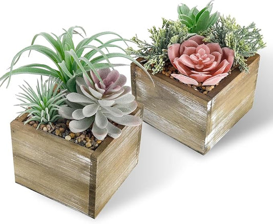 Der Rose 2 Pack Fake Plants Succulents Plants Artificial Cactus Plants in Wood Pots with Pink Flowers for Farmhouse Bathroom Decor