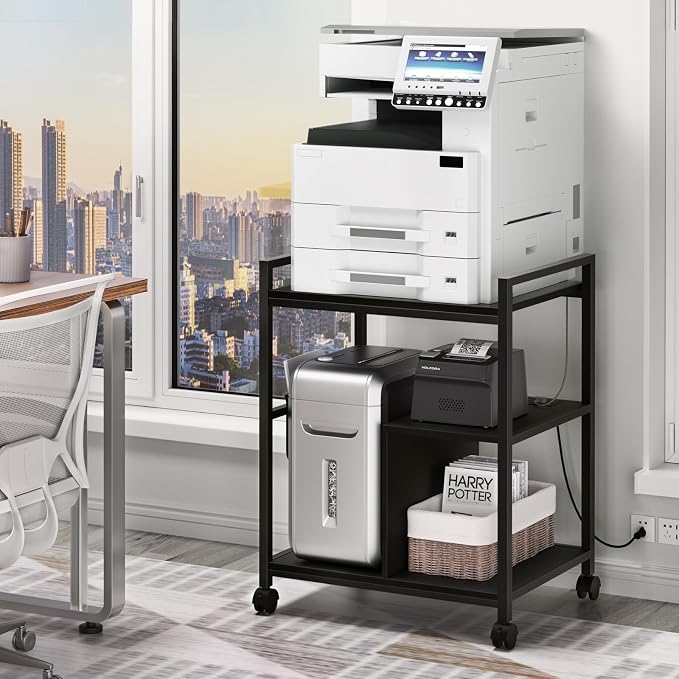 Lerliuo Printer Stand with Charging Station and USB Ports, Large 3-Tier Mobile Printer Table with Storage Shelf, Black Rolling Industrial Printer Cart with Lockable Wheels for Home Office