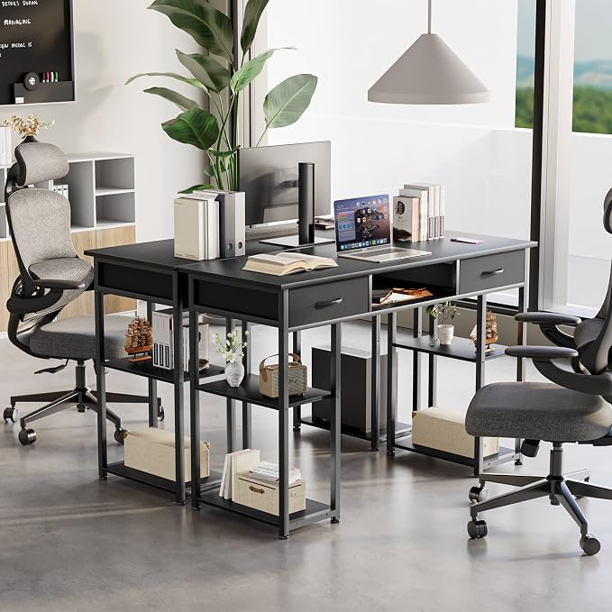 Sweetcrispy Computer Gaming Desk with Drawers- 48 Inch Home Office Bedroom Writing Study PC Table with Storage Shelves, Metal Frame Adjustable Feet, Pure Black