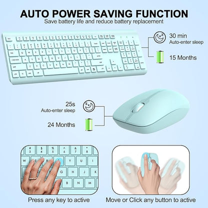 Wireless Keyboard and Mouse Combo, Full-Size Silent Ergonomic Keyboard and Optical Mouse, Long Battery Life, 2.4G Lag-Free Mice Keyboard for Computer, Mac, Laptop, PC, Windows(Green)