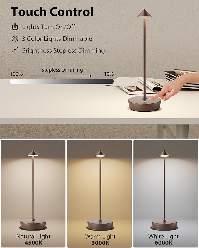 Cordless Table Lamps Rechargeable, 6000mAh Battery Operated LED Desk Lamp Outdoor Waterproof Portable Touch Dimmable Table Night Light for Patio Restaurant Dining Home Set of 2 Rust