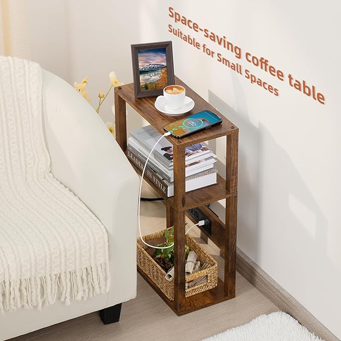 YUFAM 3-Tier Small Narrow Wood Side Table Set of 2 with Charging Station - Skinny Nightstand for Small Spaces, Slim Bedside Table with USB Ports and Outlets - Thin End Table with Storage, Brown