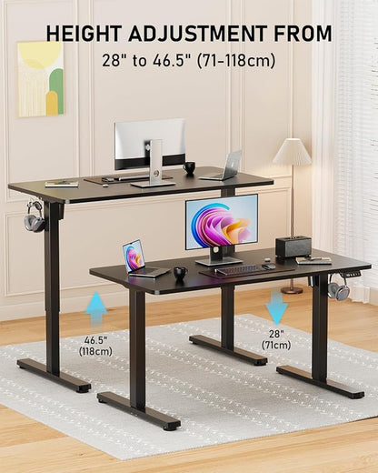 44" Electric Standing Desk Adjustable Height, Sit Stand up Desk for Home Office & Computer Workstation, 2 Memory Height Settings, Splice Board, 2 Hooks, Black Frame/Black Top