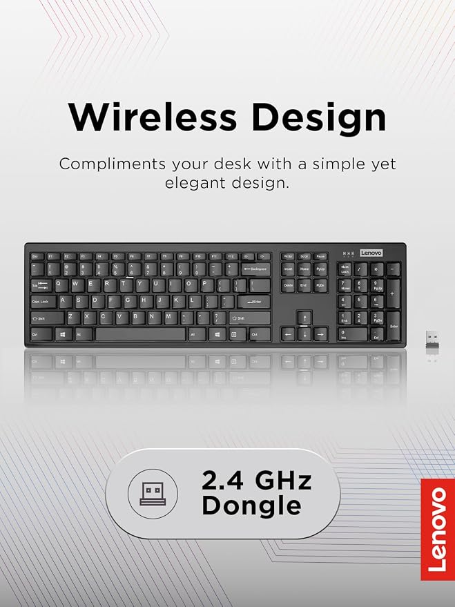 Lenovo 100 Wireless Compact Keyboard Cordless Keyboard for PC & Laptop with Windows Silent Keys Full-Size Layout with Numeric Keypad Plug & Play USB Receiver Portable, Black