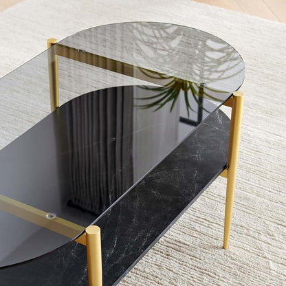 LumFurn Oval Glass Coffee Table, Mid-Century Modern Design, L41 x W21 x H17 inch, for Living Room, Grey Glass Top, Black Marble Finish Wood Shelf & Gold Finish Frame