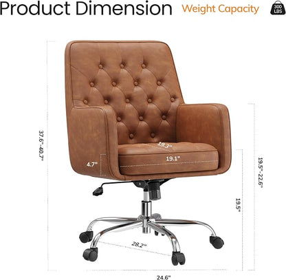 COLAMY Verso Home Desk Chair with Armrest, Leather Swivel Office Chair Adjustment Height with Wheels,Comfortable Padded Seat, Brown