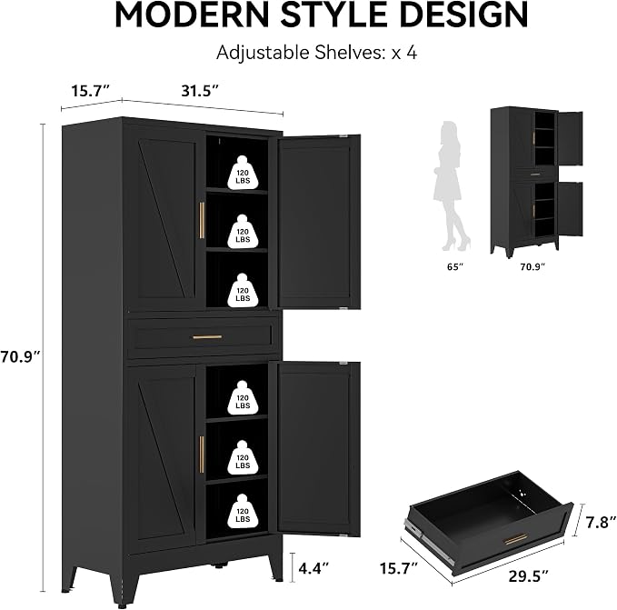 COFaR 71" Modern Pantry Cabinet with Drawer, Black Storage Cabinet with Adjustable Shelves, 3-Section Industrial Cupboard for Kitchen & Office