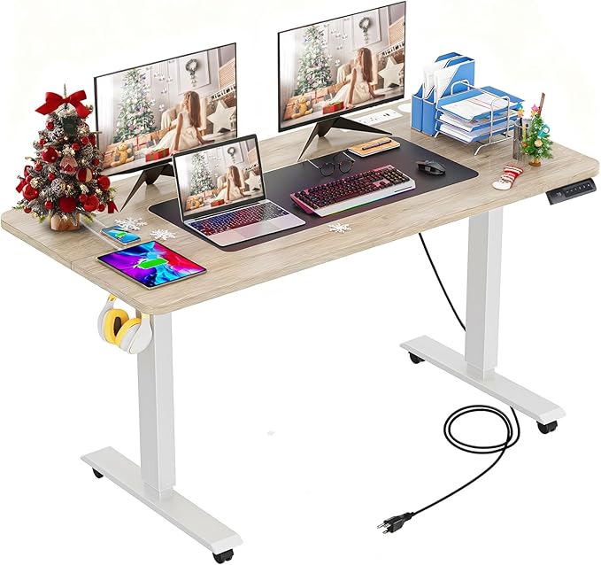 farexon 55 x 24inch Electric Standing Desk Adjustable Height with Power Outlets, Stand up Desk with Wheels,Hooks, Mouse Pad, Preset Heights Home Office Gaming Computer Workstations Table（Oak）