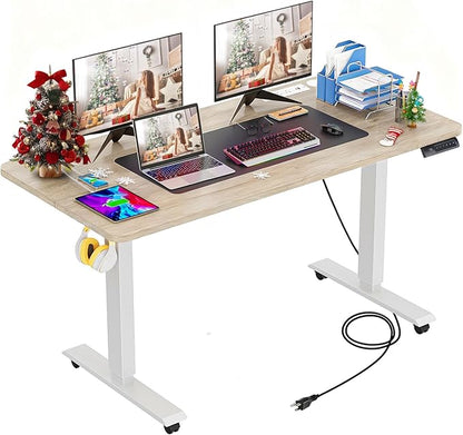farexon 55 x 24inch Electric Standing Desk Adjustable Height with Power Outlets, Stand up Desk with Wheels,Hooks, Mouse Pad, Preset Heights Home Office Gaming Computer Workstations Table（Oak）