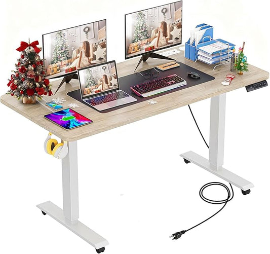 farexon 55 x 24inch Electric Standing Desk Adjustable Height with Power Outlets, Stand up Desk with Wheels,Hooks, Mouse Pad, Preset Heights Home Office Gaming Computer Workstations Table（Oak）