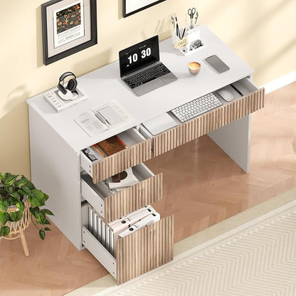 4 EVER WINNER White Desk with Drawers, 48 Inch Small Computer Desk with Storage for Small Spaces, Wood Home Office Desk for Study, Living Room, Bedroom, White