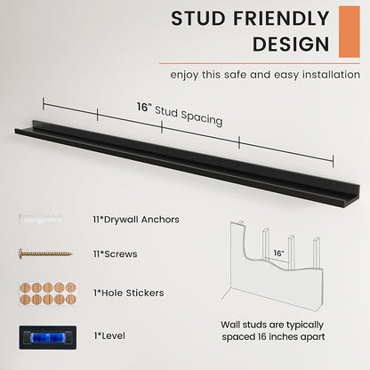 FLYJOE Picture Ledge Shelf, Floating Shelves Set of 2, 72 Inches Long Large Nursery Book Shelves for Toys Storage, Kids Bookshelf Wall Mounted for Living Room Bedroom Decor Books Photo Frames, Black