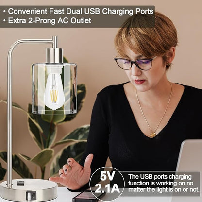 Industrial Touch Control Table Lamps Set of 2 - Brushed Nickel Nightstand Bedside Lamps with 2 USB Ports & AC Outlet, 3-Way Dimmable Desk Lamp for Bedroom Living Room, Glass Shade & LED Bulbs Included