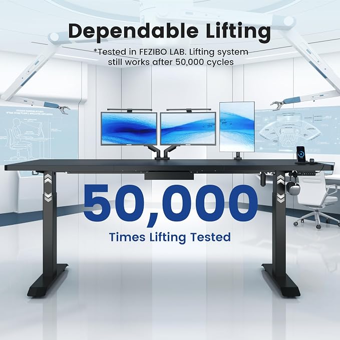 FEZIBO 63 x 37 Inch Standing Desk with Integrated Dual-Beam, Cable Management, 3 Memory Height Adjustable Computer Desk for Home Office Workstation, 1" Thick Large 3-Piece Desktop Black