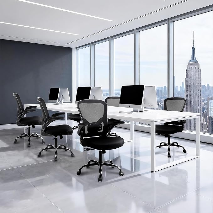 Flysky Mesh Office Chair, Ergonomic Computer Desk Chairs for Home Office - with Comfy/Comfortable Flip-up Arm Rests, Lumbar Support, Height Adjustable, 360 Degree Rolling Swivel (Black, 10 Pack)