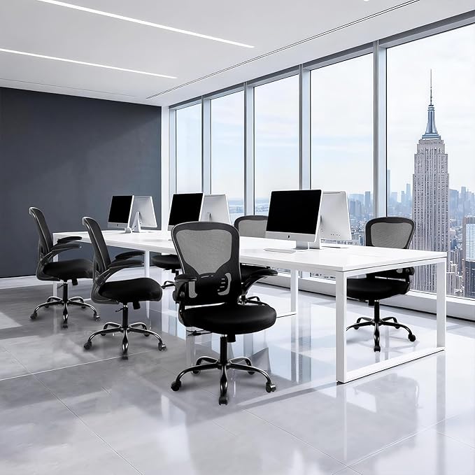 Flysky Mesh Office Chair, Ergonomic Computer Desk Chairs for Home Office - with Comfy/Comfortable Flip-up Arm Rests, Lumbar Support, Height Adjustable, 360 Degree Rolling Swivel (Black, 2 Pack)