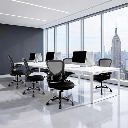 Flysky Mesh Office Chair, Ergonomic Computer Desk Chairs for Home Office - with Comfy/Comfortable Flip-up Arm Rests, Lumbar Support, Height Adjustable, 360 Degree Rolling Swivel (Black, 2 Pack)