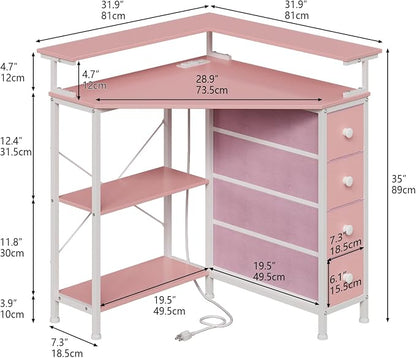 VENNQD Corner Desk with Drawers Shelves for Small Space 90 Degrees Triangle Computer Desk with Power Outlets,Gaming Desk with LED Lights Monitor Stand for Home Office Workstation Writing Table (Pink)