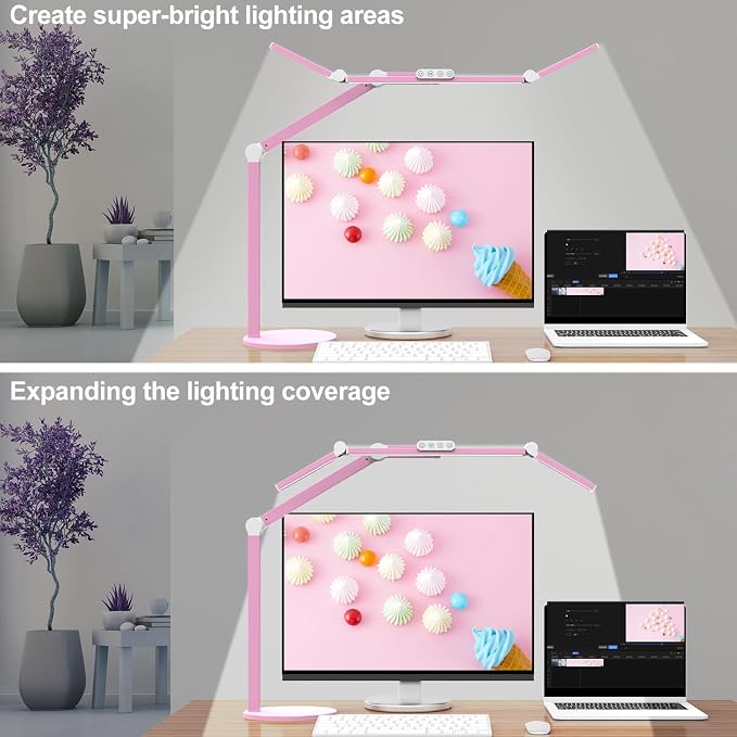 Micomlan Led Desk Lamp with Base, Adjustable Tall Architect Desk Light for Home Office with Flexible Swing Arm, 24W Pink Bright Table Lamp Auto Dimming Computer Light for Workbench