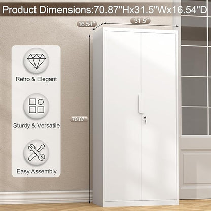 GREATMEET Metal Garage Storage Cabinets, 71" Tall Locking Metal Cabinets with Doors and Shelves, Utility Cabinet with Lock for Garage, Home, White