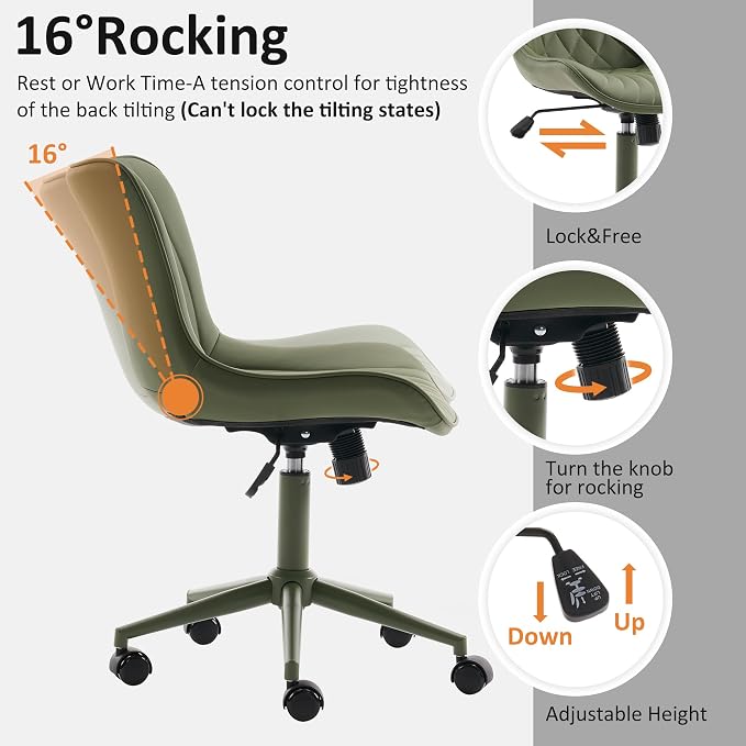 YOUTASTE Green Armless Office Chair, Modern Adjustable Swivel Desk Chair with Wheels, Upholstered PU Leather, Green Metal Legs, Back Support for Home Office, Study, Vanity, Bedroom
