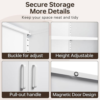 72"H Metal Storage Cabinets, Tall Locking Garage Cabinet with 2 Doors and 5 Adjustable Shelves, Steel Utility Tool Caninet, White Lockable Outdoor Storage Cabnet for Pantry, Garage, Home Office