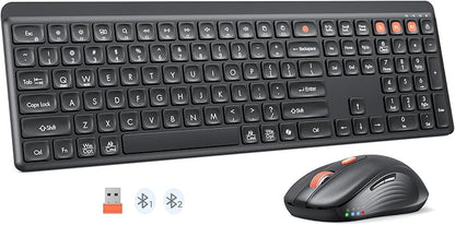 MEETION Bluetooth Keyboard and Mouse, 2.4G + Dual Bluetooth Multi Device, Full Size Silent Ergonomic Keyboard with 4 Level DPI Adjustable Wireless Mouse for Windows, Mac OS Desktop/Laptop/PC, Black