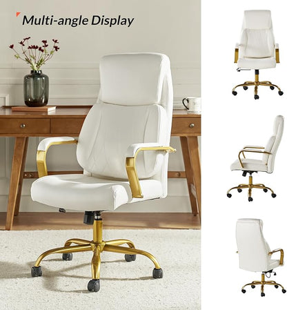 HULALA HOME Executive Office Chair with Adjustable Lumbar Support, Leather Ergonomic Office Chair with Padded Armrests, Tilt and High Back, White and Gold