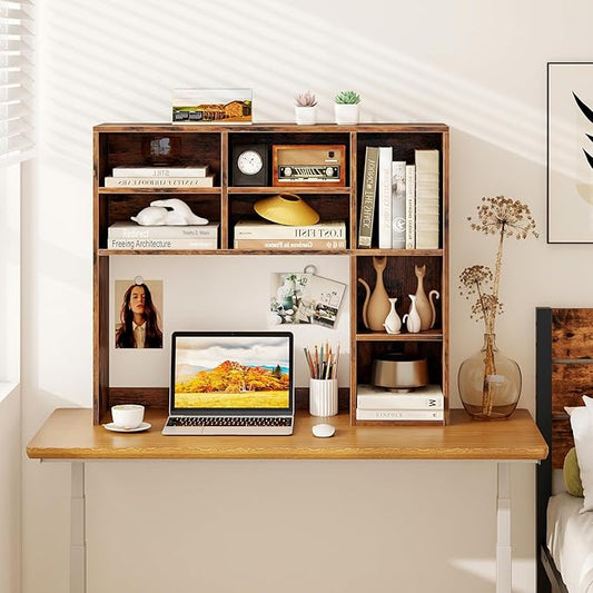 LDAILY Desktop Bookshelf, 37’’ Wood Desk Shelf with 7 Cubes & 3 Adjustable Shelves, 3-Tier Desk Display Rack, Desk Hutch for Dorm College Office Computer Monitor Up to 27’’ (Rustic Brown, 7 Shelves)