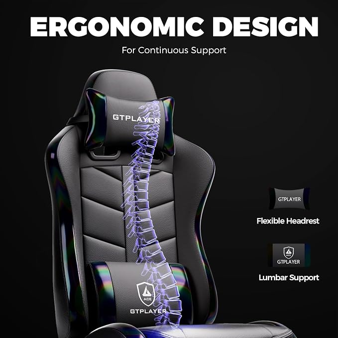 GTPLAYER Gaming Chair with Footrest, Computer Gaming Chair for Adults, Height Adjustable Gamer Chair with 90-155° Recline & Removable Headrest Lumbar Support, Colorful Black