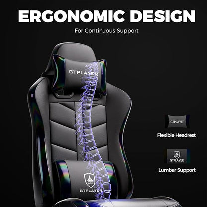 GTPLAYER Gaming Chair with Footrest, Computer Gaming Chair for Adults, Height Adjustable Gamer Chair with 90-155° Recline & Removable Headrest Lumbar Support, Colorful Black
