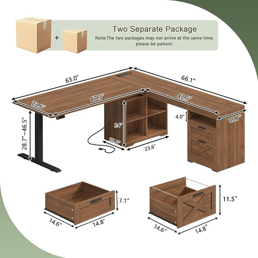 YOMILUVE Farmhouse L Shaped Standing Desk, 66 inch Corner Electric Standing Desk with Drawers ＆ Storage Shelves, Height Adjustable Computer Desk with Power Outlets for Home Office (Brown)