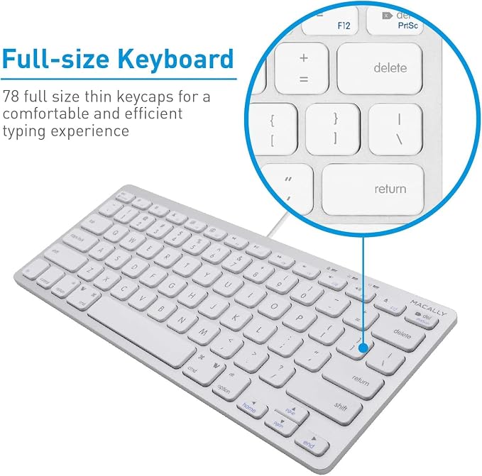 Macally Small Wired Keyboard for Mac and Windows - 78 Scissor Switch Keys Compatible Apple Keyboard - USB Mini Keyboard that Saves Space and Looks Great - Plug and Play Wired Mac Keyboard - Aluminum