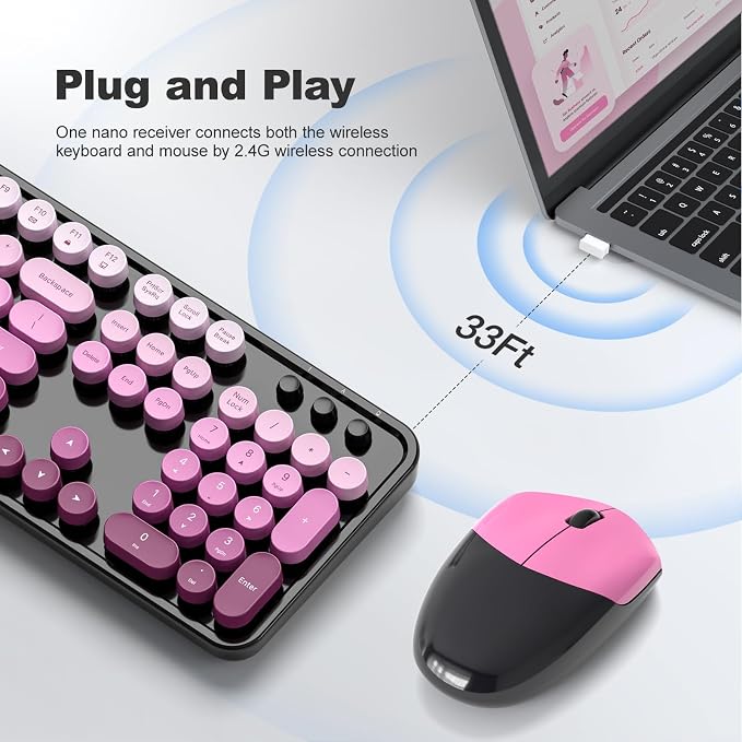 Wireless Keyboard and Mouse Combo, 2.4GHz Gradient Colorful Full-Size Retro Typewriter Keyboard with Wireless Mouse for PC/Desktop/Laptop/Windows (Black Pink)