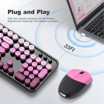 Wireless Keyboard and Mouse Combo, 2.4GHz Gradient Colorful Full-Size Retro Typewriter Keyboard with Wireless Mouse for PC/Desktop/Laptop/Windows (Black Pink)