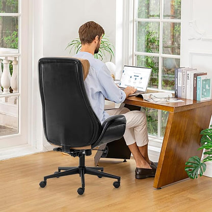 Glitzhome High Back Office Chair,Modern Ergonomic Swivel Office Chair,Adjustable Home Office Desk Chair with Lumbar Support,Black & Camel