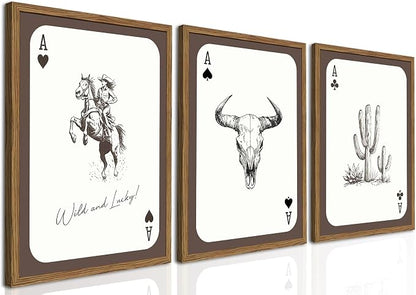 Western Cowgirl Wall Art Set of 3, Vintage Southwestern Wild and Lucky Rodeo Wall Decor Painting, Bull Skull Playing Card Poster Canvas Prints for Living Room Bedroom 12x16 inch Wood Framed