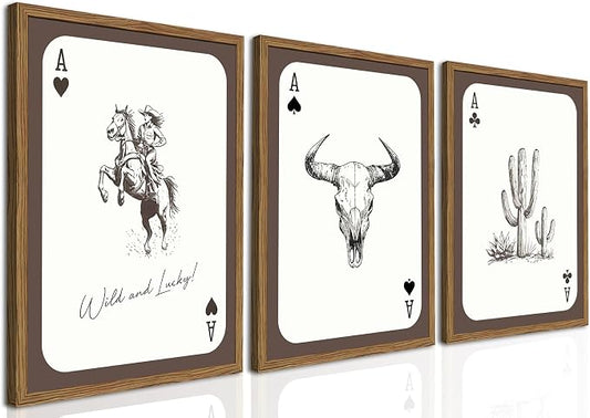 Western Cowgirl Wall Art Set of 3, Vintage Southwestern Wild and Lucky Rodeo Wall Decor Painting, Bull Skull Playing Card Poster Canvas Prints for Living Room Bedroom 12x16 inch Wood Framed