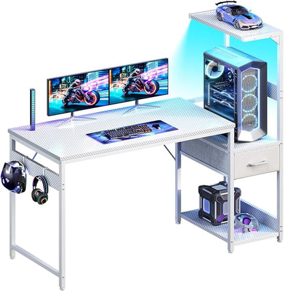 Casaottima 48'' Gaming Desk with LED Lights & CPU Stand, Reversible Computer Desk with Storage Shelves & Fabric Drawer, Modern PC Gamer Table with Headphone Hook, Carbon Fiber White