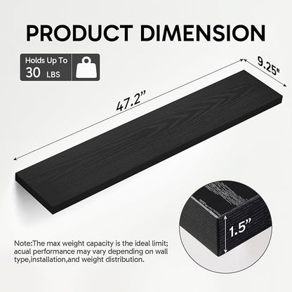BAYKA Floating Shelves, 47.2 inches Long Heavy Duty Wall Mounted Rustic Wood Shelves for Bathroom, Bedroom, Living Room, Kitchen, Office, Hanging Shelf for Books/Storage/Decor(Black,Set of 2)