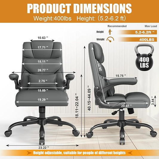 Executive Office Chair with Flip-up Armrests,Ergonomic Computer Desk Chairs,Mid-Tall Back Leather Office Chair,Lumbar Support Swivel PC Chair with Rocking Function
