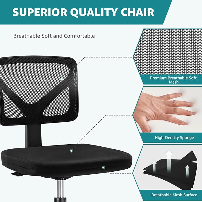 OLIXIS Armless Office Chair, Ergonomic Desk Chair with Wheels, Mesh Back, Removable Washable Foam Cushion, Height Adjustable Rolling Swivel Chairs for Small Space, Home, Office, Black