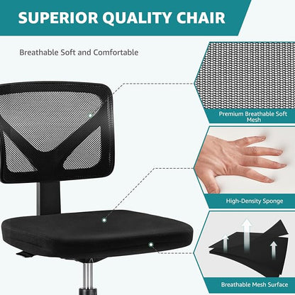 OLIXIS Armless Office Chair, Ergonomic Desk Chair with Wheels, Mesh Back, Removable Washable Foam Cushion, Height Adjustable Rolling Swivel Chairs for Small Space, Home, Office, Black