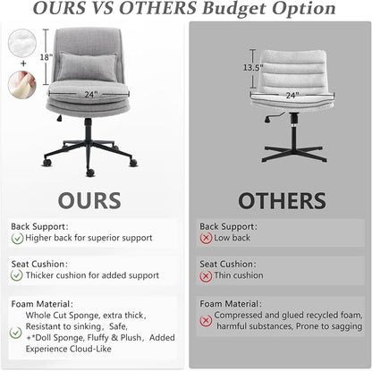 VINGLI Cloud Criss Cross Legged Chair,18" High Back Armless Home Office Desk Chair with Wheels,Wide Adjustable Comfy Padded Seat Task Computer Chair,Modern Swivel Makeup Vanity Chair,Fabric,Grey
