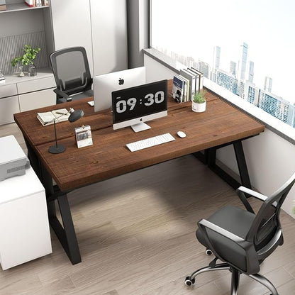 IBF Solid Real Wood 55 Inch Office Computer Desk, Rustic Writing Study Table for Student, Natural Wooden and Metal Gaming Home Office Desk, Rustic Industrial Executive Work Desk Workstation, Brown