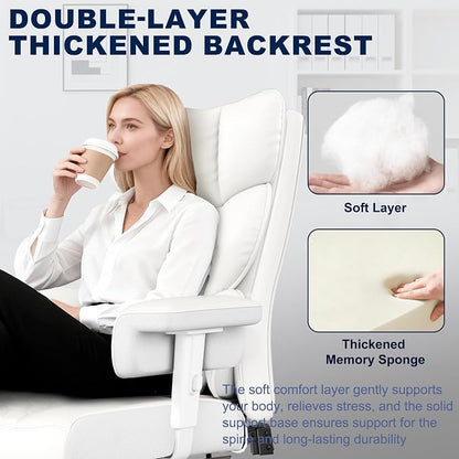 Misolant Big and Tall Office Chair with Footrest, High Back Executive Desk Chair with Adjustable Lift Armrest, 155°Recline，Lumbar Support Pillow, Faux Leather Gaming Chairs for Home All White